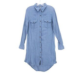 FREE PEOPLE Blue Gauze Cotton Tunic Shirt Dress Hi Lo Fringe Hem SMALL